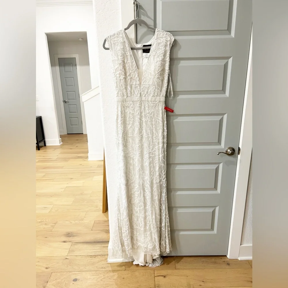 New Mac Duggal White Leaf Embroidered Beaded Gown - Picture 2 of 9